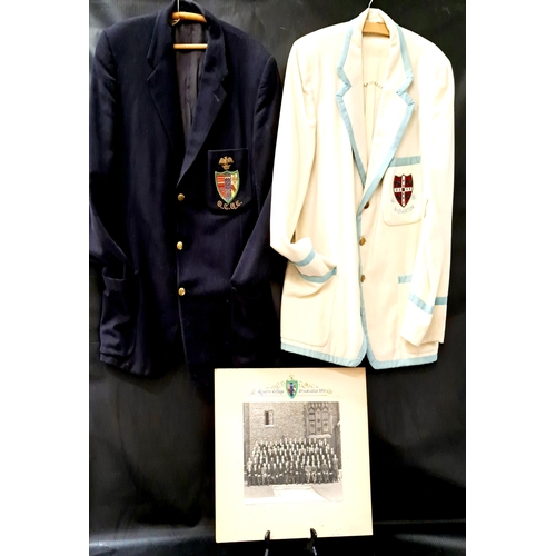 338 - TWO 1950s CAMBRIDGE BLAZERS
one in navy blue with Queen's College crest, the other in cream with lig... 