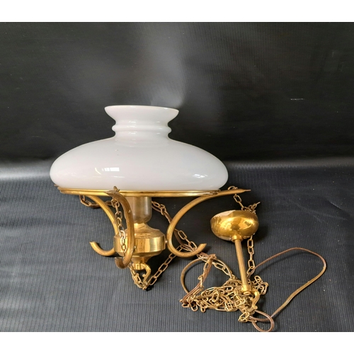 236 - BRASS CEILING LIGHT
with a collar fixing and three suspension chains to a circular hoop with an opaq... 