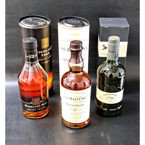 377 - THREE BOTTLES OF SINGLE MALT SCOTCH WHISKY 
comprising The Balvenie 12 year old Doublewood (70cl and... 