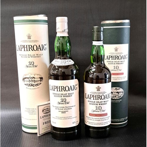 381 - TWO BOTTLES OF LAPHROAIG 10 YEAR OLD SINGLE ISLAY MALT SCOTCH WHISKY
one bottle cask strength (70cl ... 