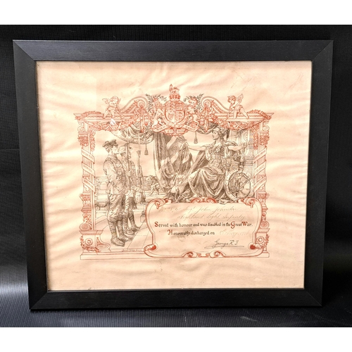 349A - FRAMED WWI HONORABLE DISCHARGE CERTIFICATE FOR SERGENT JOHN JOHNSTON 
'No 25740 Sergt John Johnston,... 