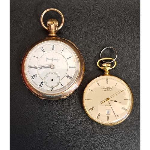 68 - TWO GOLD PLATED POCKET WATCHES
the larger example with white enamel dial and Roman numerals marked b... 