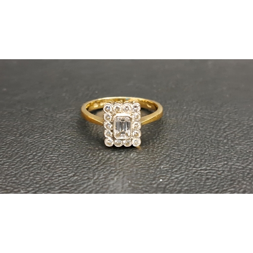 99 - DIAMOND CLUSTER RING
the central emerald cut diamond approximately 0.3cts in fourteen diamond surrou... 