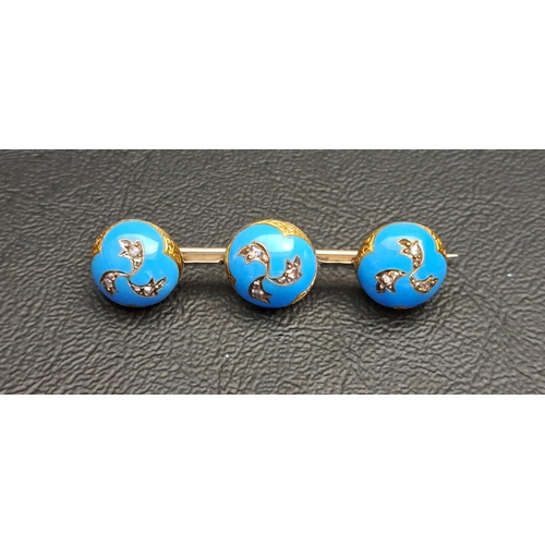 122 - UNUSUAL DIAMOMD AND ENAMEL BAR BROOCH
the bar set with three blue enamel domes, each set with three ... 