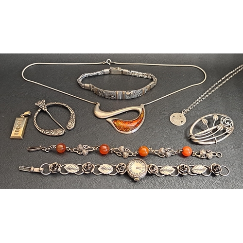 107 - MIXED LOT OF SILVER JEWELLERY
including an amber pendant on attached chain, a Charles Rennie Mackint... 