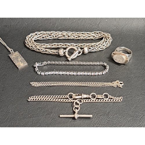 117 - SMALL SELECTION OF SILVER JEWELLERY
including a heavy necklace with T-bar clasp; a CZ set bracelet; ... 