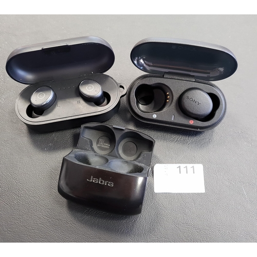 111 - SINGLE SONY WF-XB700 EARBUD
in charging case; together with a Jabra charging case and a pair of Tozo... 