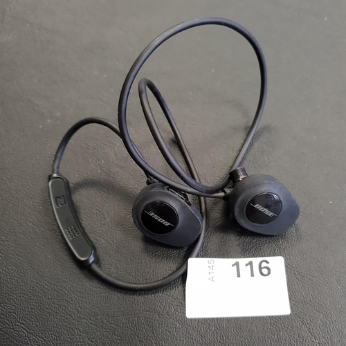 116 - PAIR OF BOSE SOUNDSPORT WIRELESS HEADPHONES
Model A11
Note: Tips missing