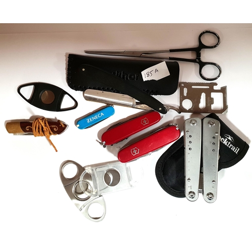 185A - SELECTION OF MULTI TOOLS AND OTHER ITEMS
including two Victorinox Swiss army knives, a Dovo Solingen... 