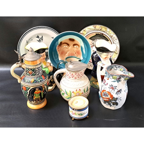 198 - SELECTION OF DECORATIVE CERAMICS
including a Sarreguemines majolica character plate; two toby jugs, ... 