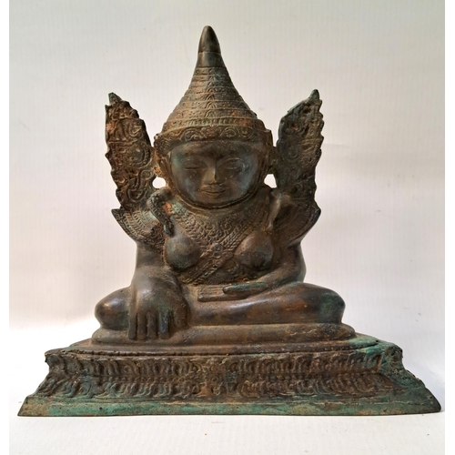 246 - BRONZE FIGURE OF MAHA MUNI BUDDHA
seated on a triangular lotus pedestal, his left hand across his cr... 