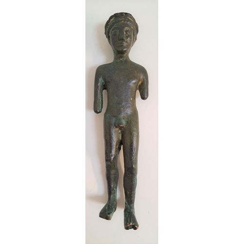 274 - BRONZE KOUROS STATUETTE 
C.550-525 B.C, wearing a double crown with the remnants of the arms at the ... 