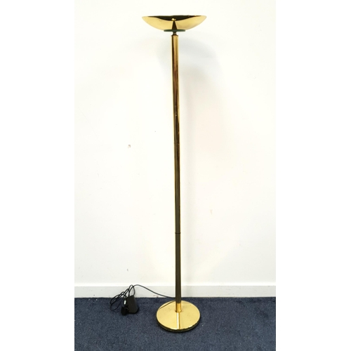 475 - BRASS EFFECT UP LIGHTER
raised on a circular base with a turned column and dished shade, 179cm high