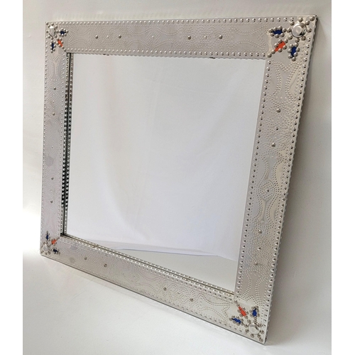 492 - SQUARE WALL MIRROR
with a plain plate and a decorative embossed metal frame, 70cm x 70cm