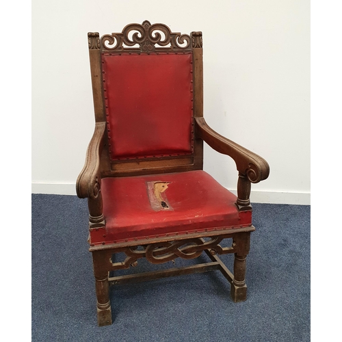 505 - LARGE VICTORIAN OAK THRONE CHAIR
with red leather seat, in need of restoration, 121cm high