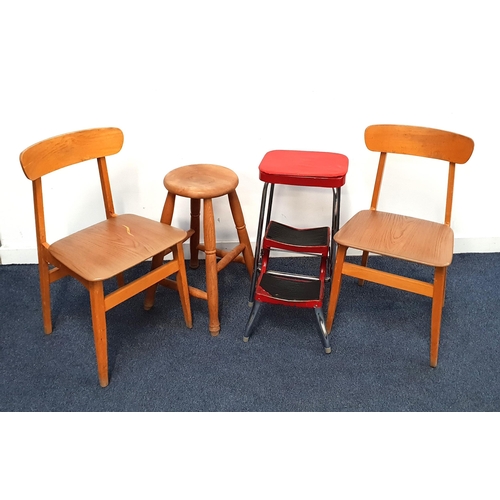 522 - MID 20th CENTURY PRESTIGE METAMORPHIC STEPS/STOOL
together with a beech stool; and two vintage kitch... 