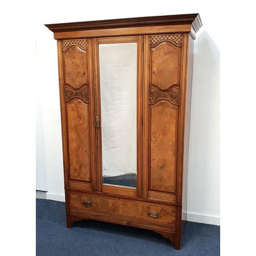 548 - EDWARDIAN WALNUT VENEERED WARDROBE
with mahogany carcass, the stepped pediment above central mirror ... 