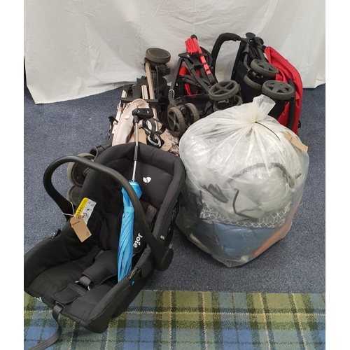 18 - THREE BUGGIES, ONE CAR SEAT AND ONE BAG OF PRAM/BABY ACCESSORIES