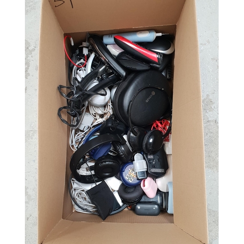 51 - ONE BOX OF CABLES, CHARGERS, ELECTRICAL ITEMS AND HEADPHONES
the headphones, including on ear and in... 