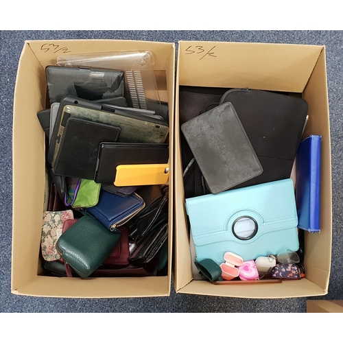 53 - TWO BOXES OF PURSES, WALLETS AND PROTECTIVE CASE
branded and unbranded