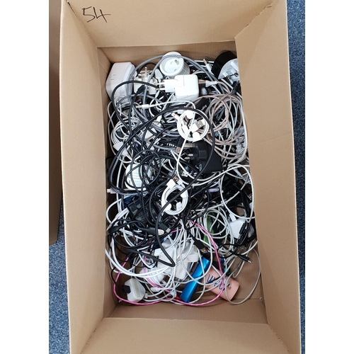 54 - ONE BOX OF CABLES, PLUGS, CHARGERS AND POWER BANKS
including 3 power banks