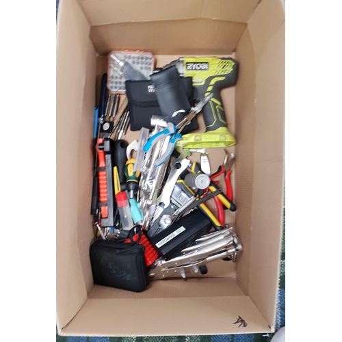 57 - ONE BOX OF TOOLS
including Ryobi drill, screwdriver sets and loose tools