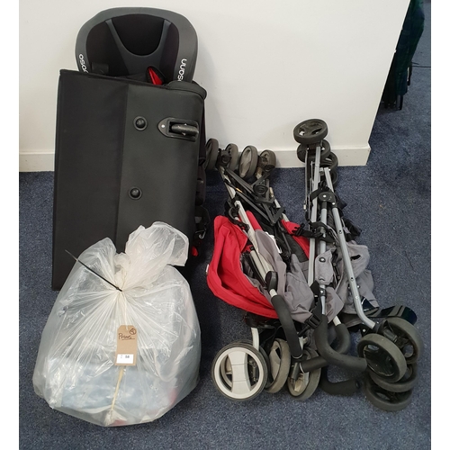 58 - TWO BUGGIES, ONE CAR SEAT, ONE BAG OF ACCESSORIES AND A BUGABOO COMFORT TRAVEL BAG