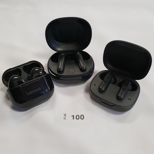 100 - THREE PAIRS OF EARBUDS IN CHARGING CASES
comprising JBL, Soundcore and Lenovo