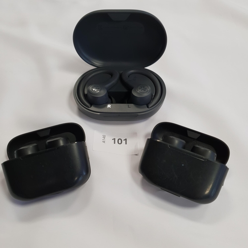 101 - THREE PAIRS OF JLAB EARBUDS 
all in charging cases