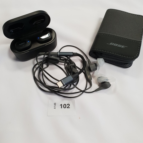 102 - PAIR OF BOSE HEADPHONES IN CASE
together with a pair of Belkin earbuds in charging case