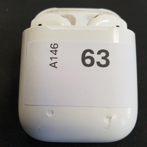 63 - PAIR OF APPLE AIRPODS 
in Lightning charging case
Note: earbud model numbers not visible as too worn... 