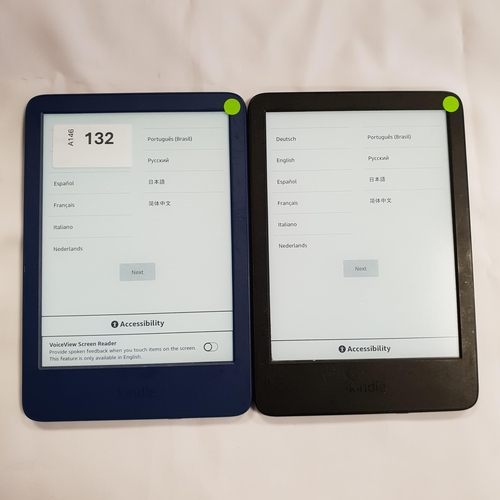 132 - TWO AMAZON KINDLE BASIC 4 E-READERS 
serial numbers G092 AQ03 2455 01G3 and G092 AP03 2322 0733 (2)
... 