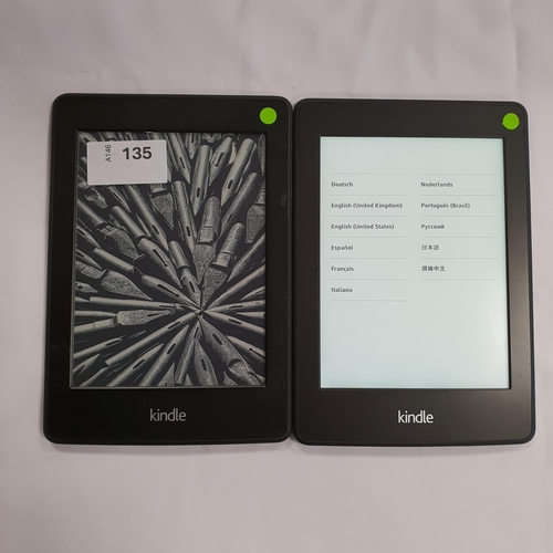 135 - TWO AMAZON KINDLE PAPERWHITE 2 E-READERS 
serial numbers G0D4 2201 4207 004A and 9017 2201 4335 05DP... 