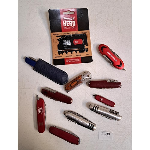 213 - TEN VARIOUS SWISS ARMY KNIVES
including two by Victorinox; and a new/unused Wallet Hero multi-tool (... 