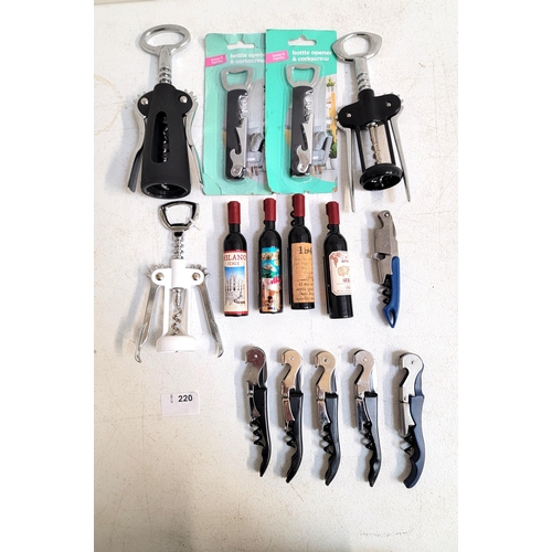 220 - SELECTION OF FIFTEEN BOTTLE OPENERS, CORKSCREWS AND WAITER'S FRIENDS
Note: You must be over 18 to bi... 