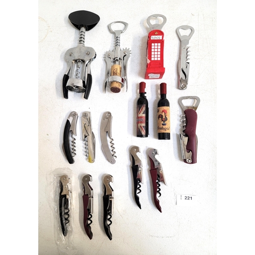 221 - SELECTION OF FIFTEEN BOTTLE OPENERS, CORKSCREWS AND WAITER'S FRIENDS
Note: You must be over 18 to bi... 