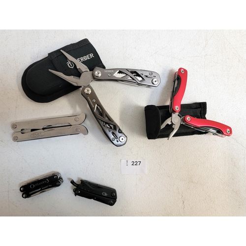 227 - FIVE VARIOUS MULTI-TOOLS
including a Leatherman Squirt PS4, and two by Gerber