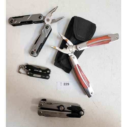 229 - FOUR VARIOUS MULTI-TOOLS
including a Stanley Fatmax and a Gerber Recoil