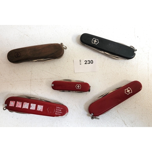 230 - FIVE VICTORINOX SWISS ARMY KNIVES
of various sizes and designs
Note: You must be over the age of 18 ... 