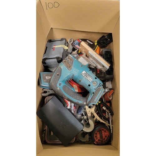 100 - ONE BOX OF TOOLS
including Makita Jigsaw, grinding discs, DeWalt screwdriver bit set, screwdrivers, ... 