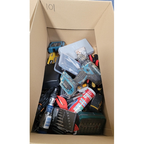 101 - ONE BOX OF TOOLS
including Makita drill driver, screwdriver sets, screwdriver bit set, measuring tap... 