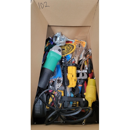 102 - ONE BOX OF TOOLS
including Hikoki power tool, cutting discs, DeWalt and Makita screwdriver bit sets,... 