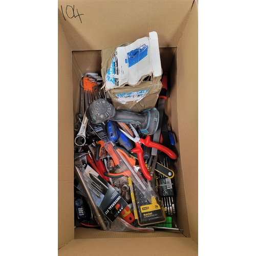 104 - ONE BOX OF TOOLS
including Makita drill driver, ratchet screwdriver set, Silverline Core drill bit, ... 