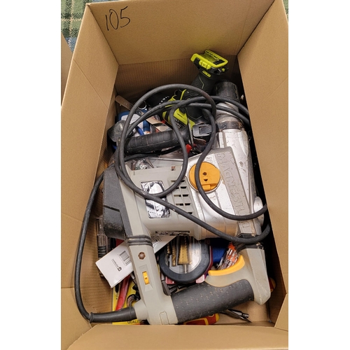 105 - ONE BOX OF TOOLS
including Titan Magnesium power drill, Magnusson spirit level, drill bots, screwdri... 