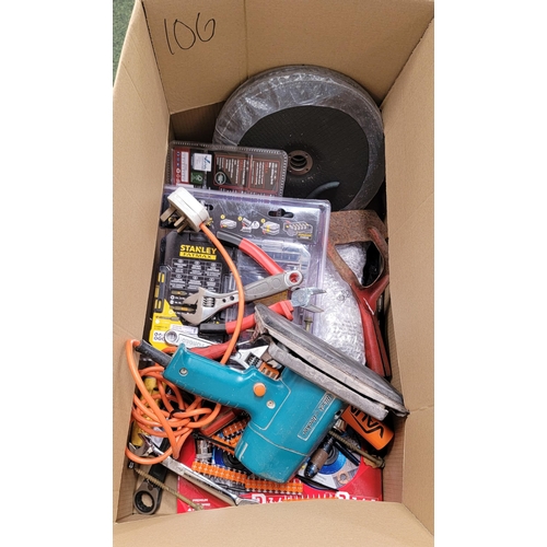 106 - ONE BOX OF TOOLS
including Black & Decker sander, Stanley Fatmax screwdriver bits, drill bits, grind... 