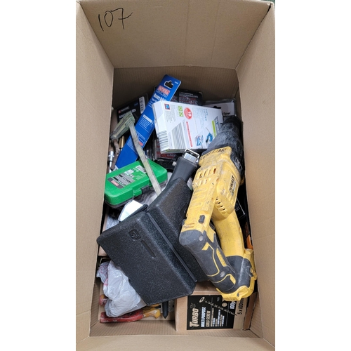 107 - ONE BOX OF TOOLS
including DeWalt drill, tacker, drill bits, precision tool kits, pipe cutter, etc.