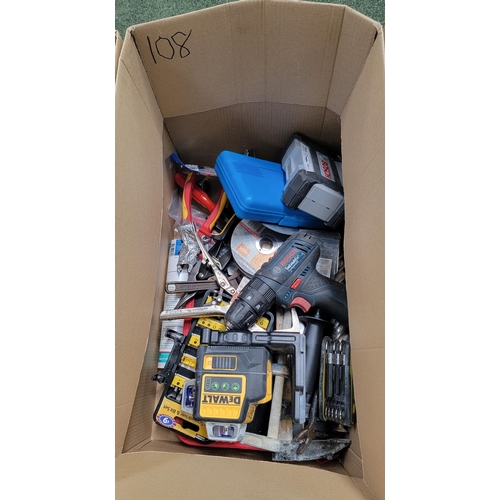 108 - ONE BOX OF TOOLS
including Bosch drill driver, DeWalt laser line level, Bosch drill and screwdriver ... 