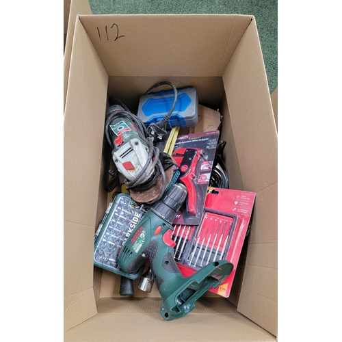 112 - ONE BOX OF TOOLS
including Bosch angle grinder and Bosch drill driver, Makita screwdriver bit set, d... 