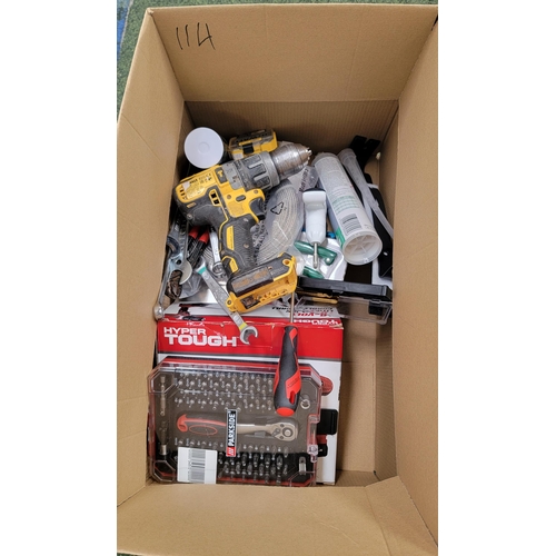 114 - ONE BOX OF TOOLS
including DeWalt drill driver, Hyper Tough drill driver, plasterer's skim, DeWalt s... 