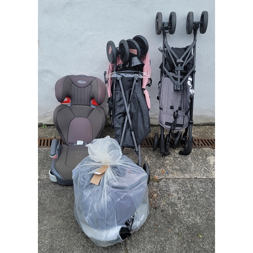 12 - TWO BUGGIES, ONE CAR SEAT AND A BAG OF ACCESSORIES
Including Joie , Cuggi and Graco